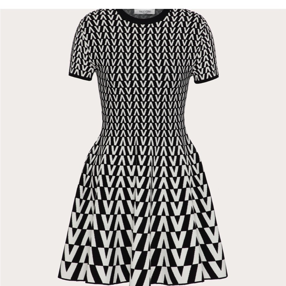 Valentino Garavani V Logo Knit Fit Flare Dress Black White M Italy Designer